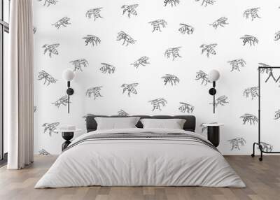 Hand drawn honey bee seamless pattern. Endless vector print with line insect drawn by ink. Monochrome realistic animal drawing sketch illustration isolated on white background Wall mural