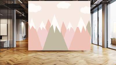 Hand drawn mountain landscape. Cute wallpaper design for a play room in Scandinavian style. Vector illustration of mountains and clouds. Wall decor for a girl. Pastel pink and olive. Wall mural