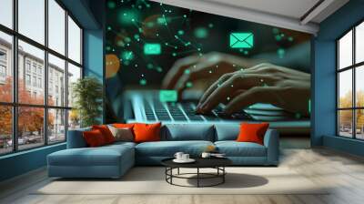 Hands typing on laptop keyboard with digital email icons and particles. Online communication and internet technology concept. Design for website banner or cybersecurity infographic, mail tabs Wall mural