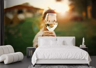 Happy woman white wine in the hand, travel holidays, new places Wall mural