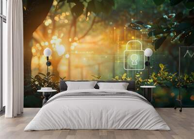 illuminated digital lock icon amidst lush greenery and flowers. The concept of cybersecurity and digital protection in a natural environment, hologram of padlock icon on center nature and ecosystem Wall mural