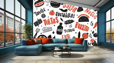 Mexican street food illustration with hand drawn lettering and elements. of different mexican dishes. Wall mural