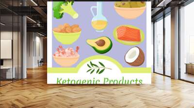 Ketogenic food and products. Coconut, broccoli, avocado, salmon and shrimp, almond and olive. Vegetables and nuts with good fats. Nutrition and diet. Wall mural