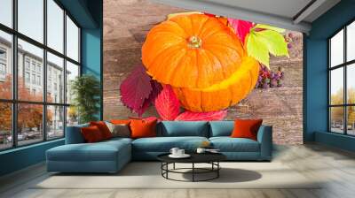 Pumpkin and autumn leaves Wall mural