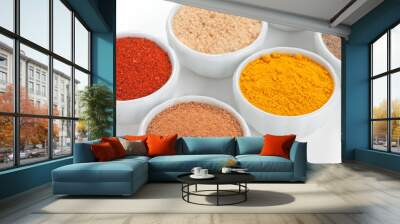  Different spices in white bowls isolated on white background. Wall mural