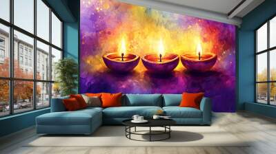 Lit diya traditional oil lamp on colorful abstract rangoli background. Deepavali, Diwali. Hindu festival of lights. Template with copy space for greeting card, banner, poster for Indian holidays Wall mural