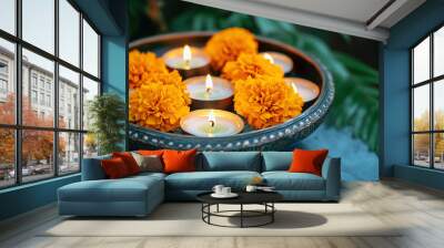 Marigolds and candles in a bowl. Banner closeup template Day of the dead, Mexican holiday celebration. Hindu Puja. Festival Vishu, Ugadi or Gudi Padwa. Traditional Indian background with copy space  Wall mural