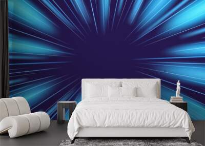 Light speed blue rays, perspective tunnel with neon radial traces. Motion effect and abstract bright zoom road. Comic manga vector illustration Wall mural