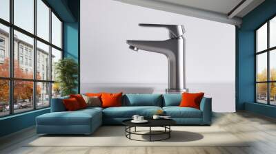 Minimalist Bathroom Faucet with a Sleek Design, Brushed Nickel Finish, Clean White Background, Generative AI Wall mural