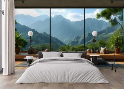 Modern interior design with panoramic view of mountain landscape through large windows. 3D rendering of luxury villa interior for relaxation and tranquility concept. Design for wallpaper, poster Wall mural