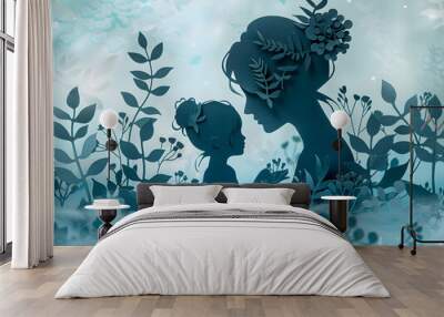 Mother and child silhouette in a blue floral paper cut art style. Beautiful and intricate motherhood concept with nature elements Wall mural