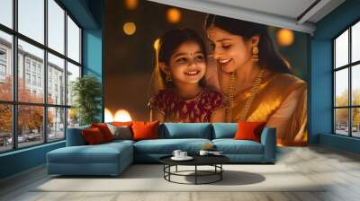 Mother and Daughter Celebrating Diwali with Diyas Wall mural