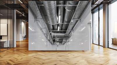 New installation of steel air conditioning duct pipes and  lighted dumps, installation of ventilation ducts during the renovation of building. Commercial cafe, restaurant, industrial space. Wall mural