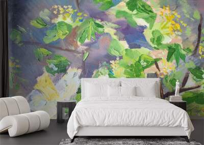 Oil painting on canvas. Spring colors wallpaper with two white hyacinths and fresh green branches. Wall mural