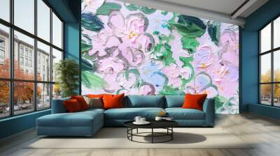 Pink spring flowers. Pink and green textured oil paint background. Wall mural