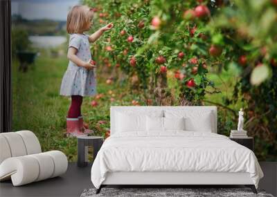 Adorable toddler girl picking red ripe organic apples in orchard or on farm on a fall day Wall mural