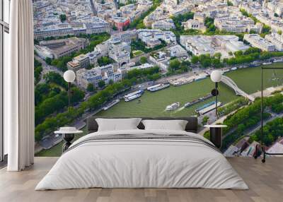 Aerial scenic view of the river Seine, touristic boats and Passerelle Debilly in Paris, France. Wall mural