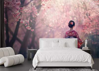 Beautiful Asian woman wearing traditional Japanese kimono on a nice spring day, enjoying cherry blossom season in Japan. Wall mural