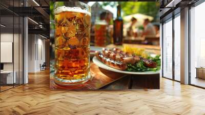 Beer and delicious grilled sausages served in an outdoor restaurant on a city street in Germany. Wall mural