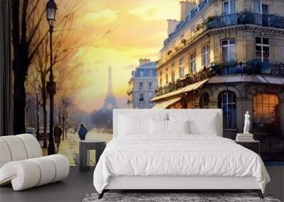 Early morning in Paris, people walking on the street with view to the Eiffel tower Wall mural