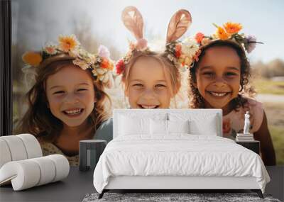 Happy cheerful multiracial children wearing bunny and flower hear decorations on a sunny spring day outdoors Wall mural