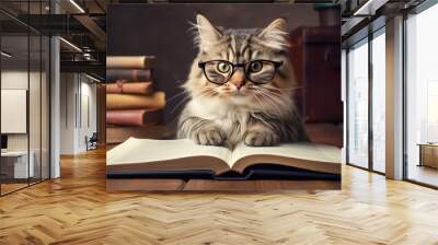 Intelligent fluffy cat in glasses reading book Wall mural