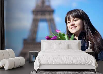 portrait of cheerful young lady in paris with bunch of fresh spr Wall mural