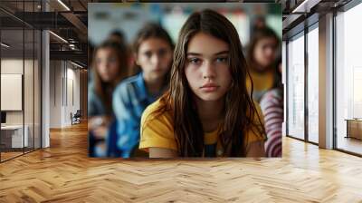 Sad, lonely and depressed teen age girl at school, frustrated after bullying. Mental health, tired and unhappy student in the corridor after problem in class, education fail and social isolation Wall mural