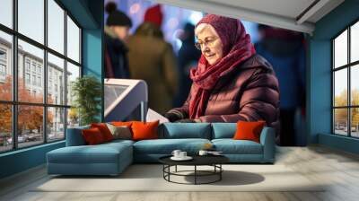 Senior woman in warm clothes putting a ballot into a voting box during elections Wall mural