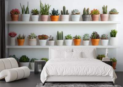 Stylish white wooden shelves with green succulent plants. Modern hipster room decoration Wall mural