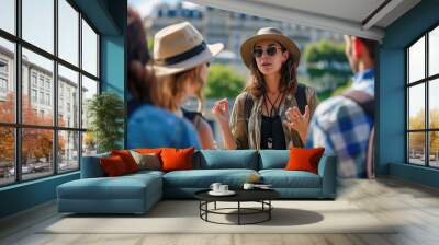 Young female tourist guide showing European city to the group of tourists Wall mural