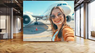 young woman takes a selfie at the airport in front of a plane before the departure Wall mural