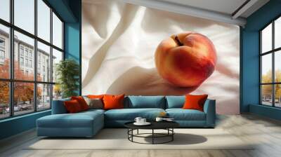 Ripe peach or nectarine on a white textile background. Banner template still life of fresh autumn harvest, for backdrops, wallpapers and card Wall mural