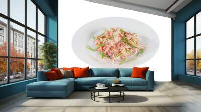 Salad with Bulgarian pepper, meat, chicken, squid, crab sticks, egg, mayonnaise, green onion on plate, white isolated background Side view. For the menu, restaurant bar cafe Wall mural