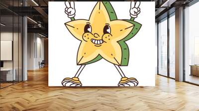 Retro groovy funny fruit. Naughty anthropomorphic character carambola on white background. Vector flat illustration Wall mural