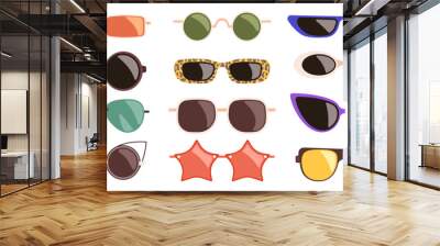 Set of various fashionable sunglasses. Modern colorful glasses different shape. Concept of eyes protection from sunshine. Collection of vector stickers isolated on white background. Wall mural