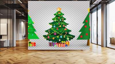 Set of cute cartoon Christmas fir trees on transparent background Wall mural