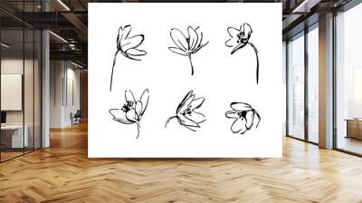 Set of hand drawn wildflowers. Outline flower plant silhouette brush ink painting. Black isolated vector on white background Wall mural