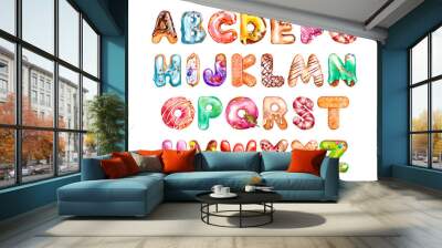 Set of sweet donut glazed letters, watercolor. ABC children's alphabet in the style of bakery doughnuts, cookies,and caramels,the sweet frosting.Font for greeting party, birthday, postcards. Wall mural