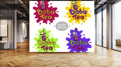 Bubble Tea Boba Tea Plastic Cup Vector Illustration Set. Doodle Cartoon style mascot. Bright Splash Color background for banners, stickers, postcards, logo Wall mural