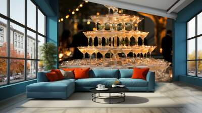 champagne glasses stacked in a piramid tower Wall mural