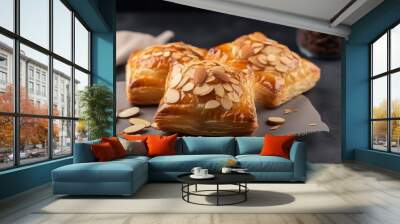 fresh puff pastry with almonds, close-up, created with Generative AI Technology Wall mural