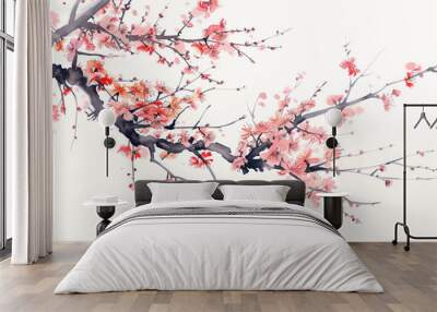 Japanese sakura blossom branch in watercolor style Wall mural