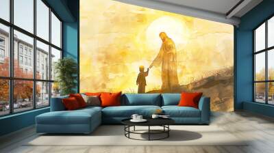 Jesus Holding a child's hand, takes child with him, forgive and bless him In the sunrise rays, watercolor painting in warm gold colors Wall mural