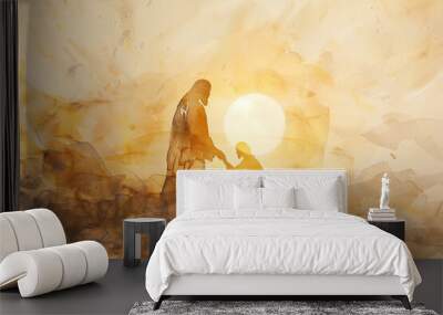 Jesus reaching out his hand to man and forgive and bless him In the sunrise rays, watercolor painting in warm gold colors Wall mural