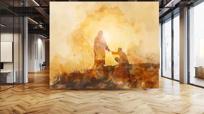 Jesus reaching out his hand to man and forgive and bless him In the sunrise rays, watercolor painting in warm gold colors Wall mural