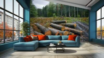 Log trunks pile, the logging timber forest wood industry Wall mural