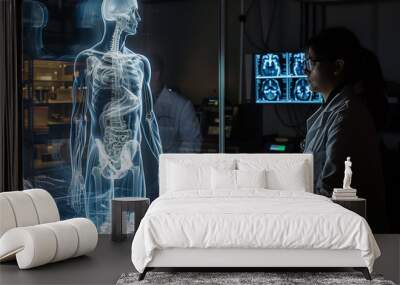 Medical scientists is using a holographic projection of a human anatomy body model, future of healthcare  Wall mural