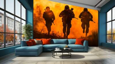 Silhouette action soldiers walking hold weapons the background is smoke and sunset and white balance ship effect dark. Silhouette action soldiers walking hold weapons the background is smoke and light Wall mural