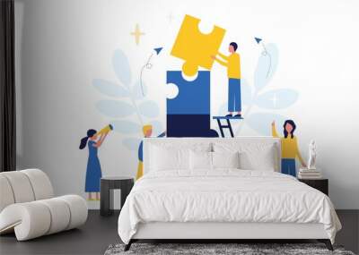 Business concept. Team metaphor. People connect puzzle elements. Flat illustration in flat design style. Teamwork, collaboration, partnership. Businessmen working together and moving towards success. Wall mural